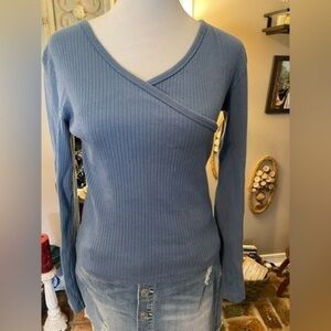 Old College Inn Wrap Front Ribbed Long Sleeve Top Y2K